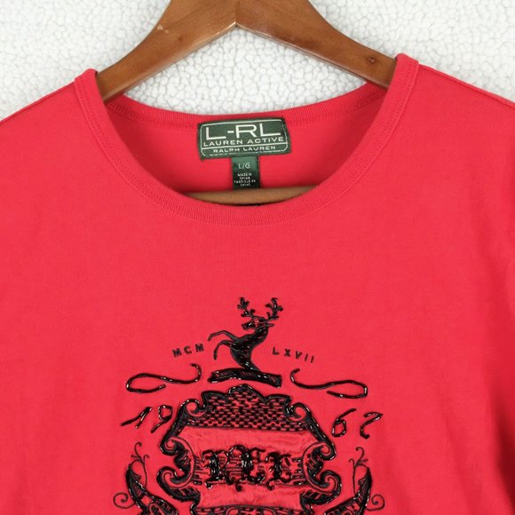 Lauren Ralph Lauren T Shirt Womens Large Red Beaded Preppy Logo Long Sleeve - Picture 3 of 10